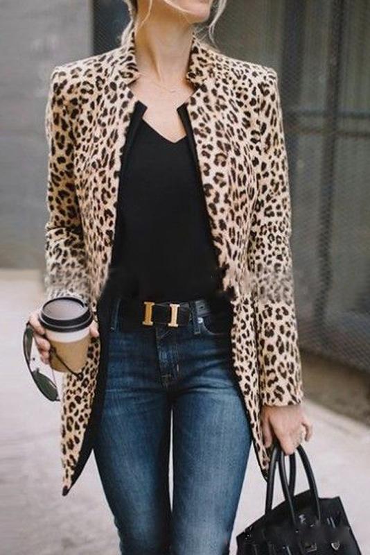 Elegant Individual Fashion Slim Leopard Print V Collar Longs Sleeve Suit Cardigan