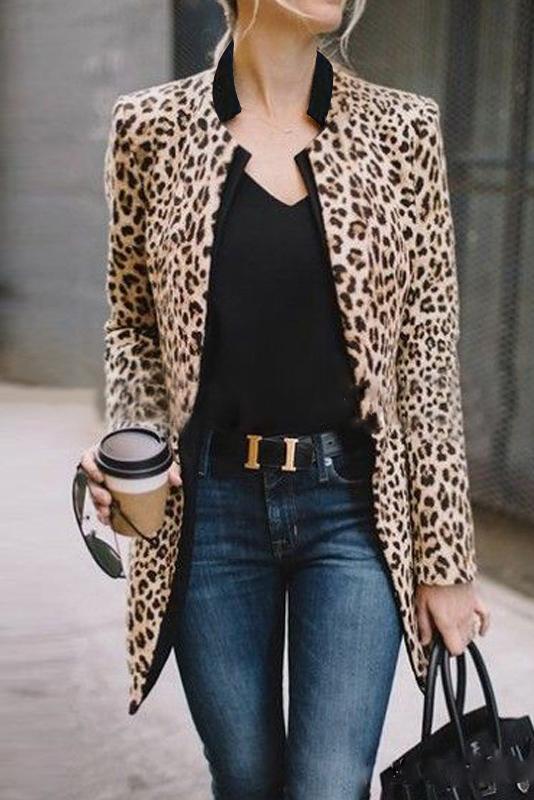 Elegant Individual Fashion Slim Leopard Print V Collar Longs Sleeve Suit Cardigan