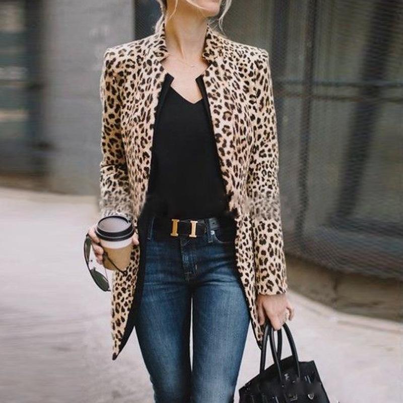 Elegant Individual Fashion Slim Leopard Print V Collar Longs Sleeve Suit Cardigan