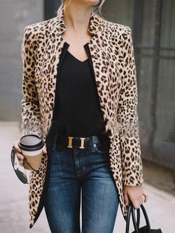 Elegant Individual Fashion Slim Leopard Print V Collar Longs Sleeve Suit Cardigan