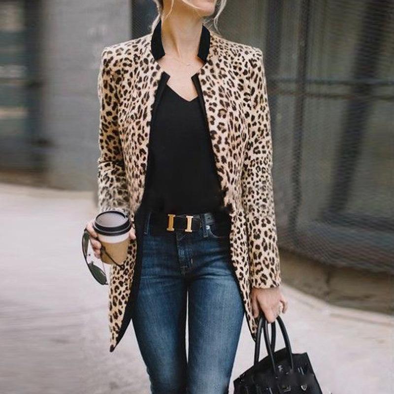 Elegant Individual Fashion Slim Leopard Print V Collar Longs Sleeve Suit Cardigan