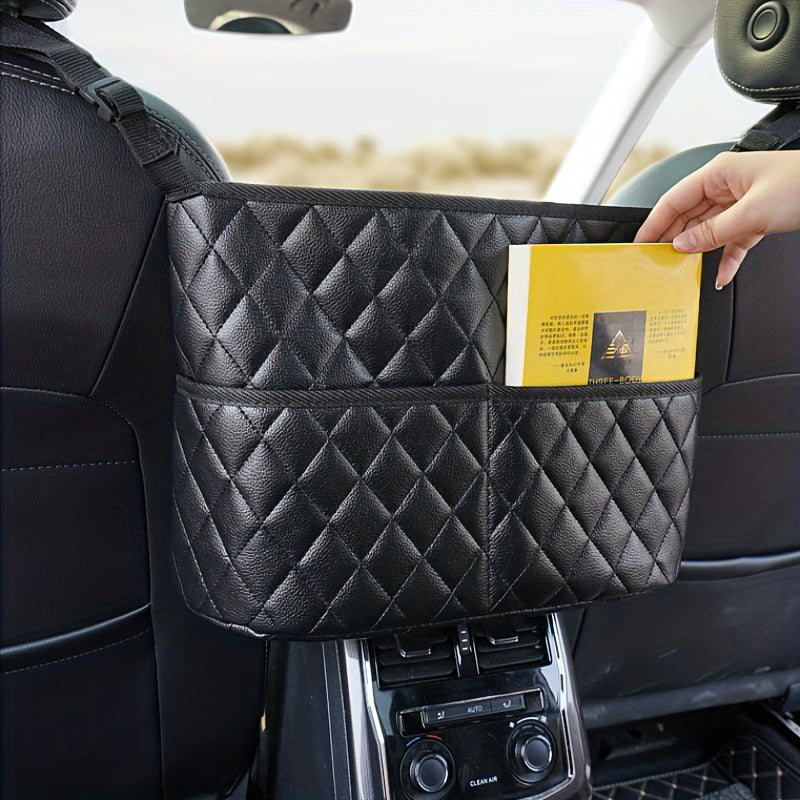Car Purse Handbag Holder Between Seats, Leather Car Seat Back Organizer With 3 Pockets, LarCapacity StoraBag