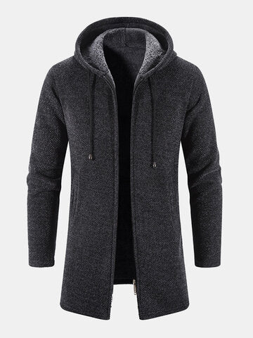 mens chenille knitted plush lined warm drawstring hooded cardigans