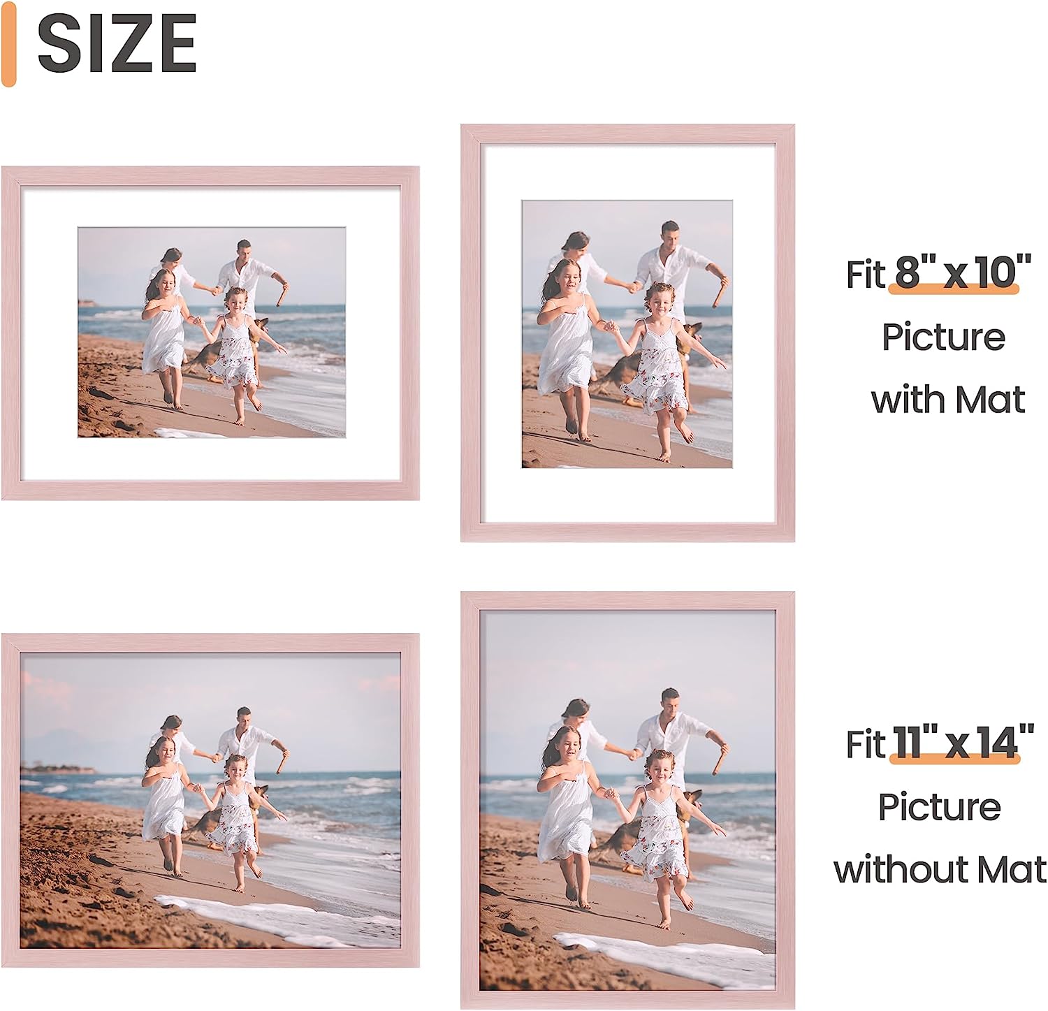 upsimples 11x14 Picture Frame Set of 5, Display Pictures 8x10 with Mat or 11x14 Without Mat,Wall Gallery Photo Frames, Pink