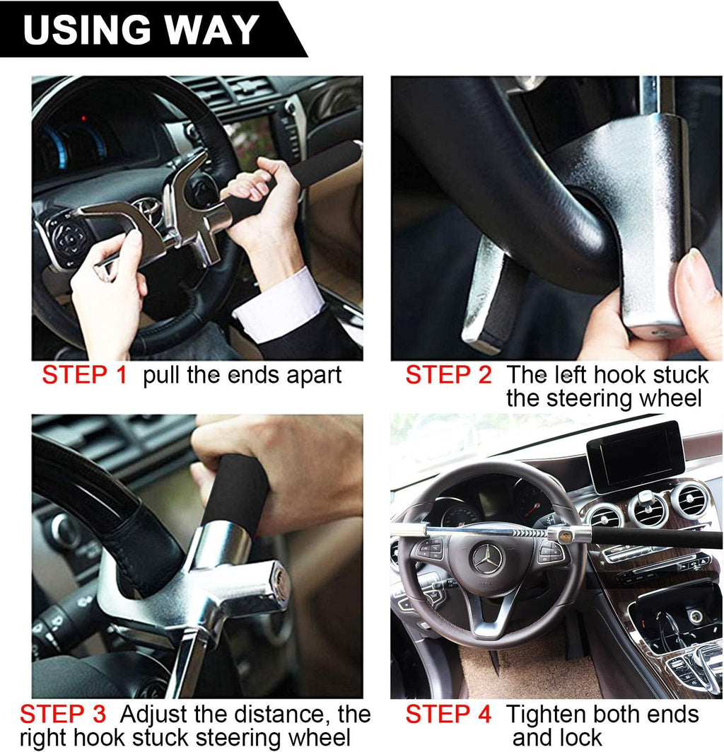 Tevlaphee Steering Wheel Lock Anti Theft Car Device Universal Car Theft Prevention Car Lock Adjustable Double Hook Emergency Hammer Window Breaker Self Defense Heavy Duty Secure (Black)