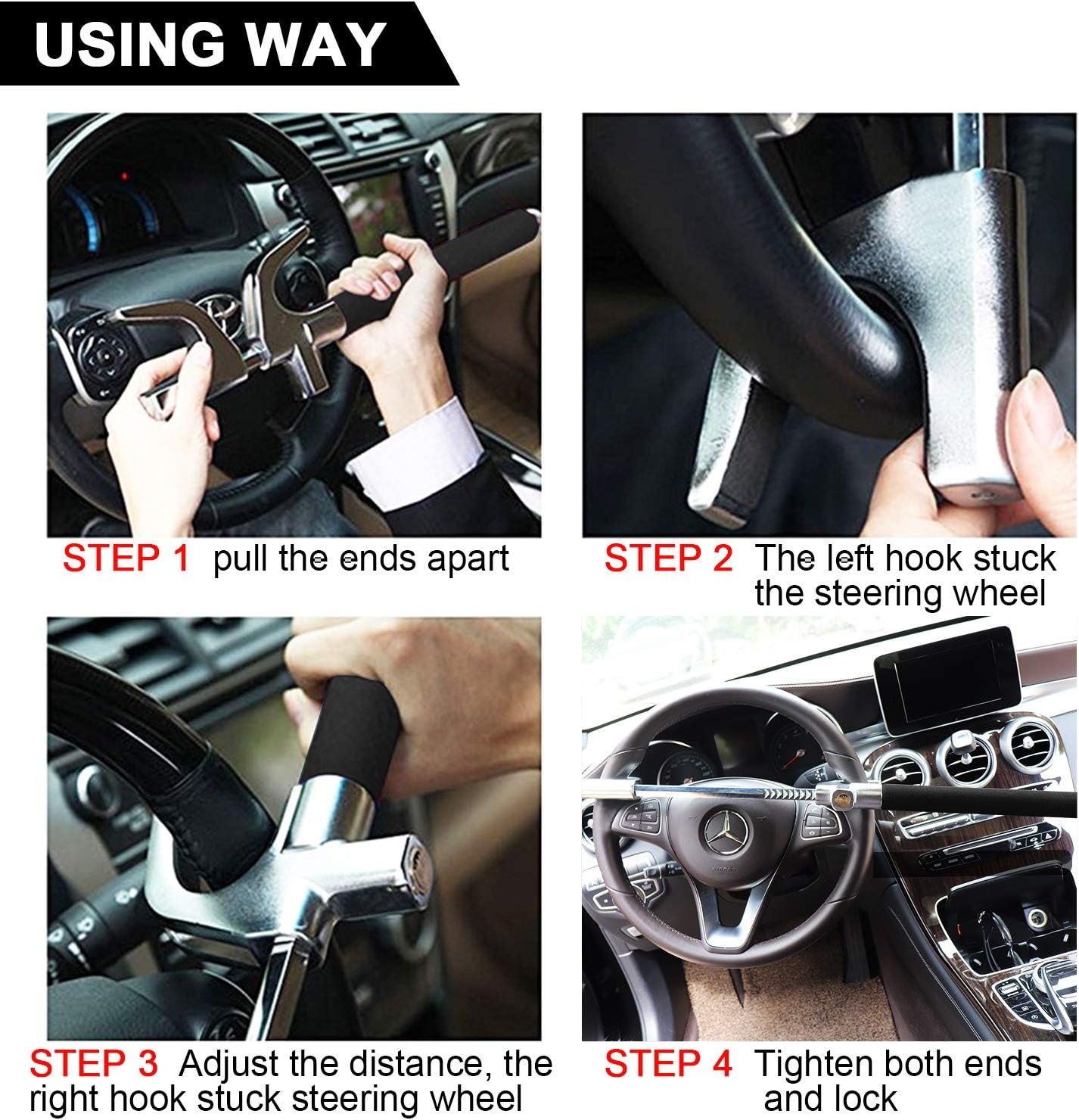 Tevlaphee Steering Wheel Lock Anti Theft Car Device Universal Car Theft Prevention Car Lock Adjustable Double Hook Emergency Hammer Window Breaker Self Defense Heavy Duty Secure (Black)