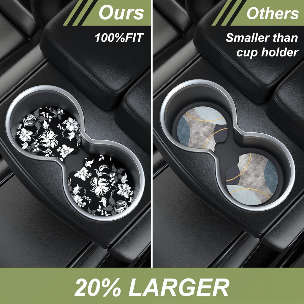 Nipichsha Car Cup Holder Coasters, Car Coasters for Cup Holders, 2 Pack Anti Slip Insert Coasters, Rubber Car Cup Mat with A Finger Notch, Cute Car Interior Accessories for Women Men(Black Flower)