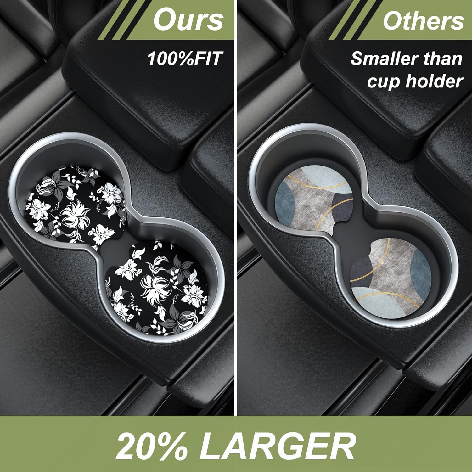 Nipichsha Car Cup Holder Coasters, Car Coasters for Cup Holders, 2 Pack Anti Slip Insert Coasters, Rubber Car Cup Mat with A Finger Notch, Cute Car Interior Accessories for Women Men(Black Flower)