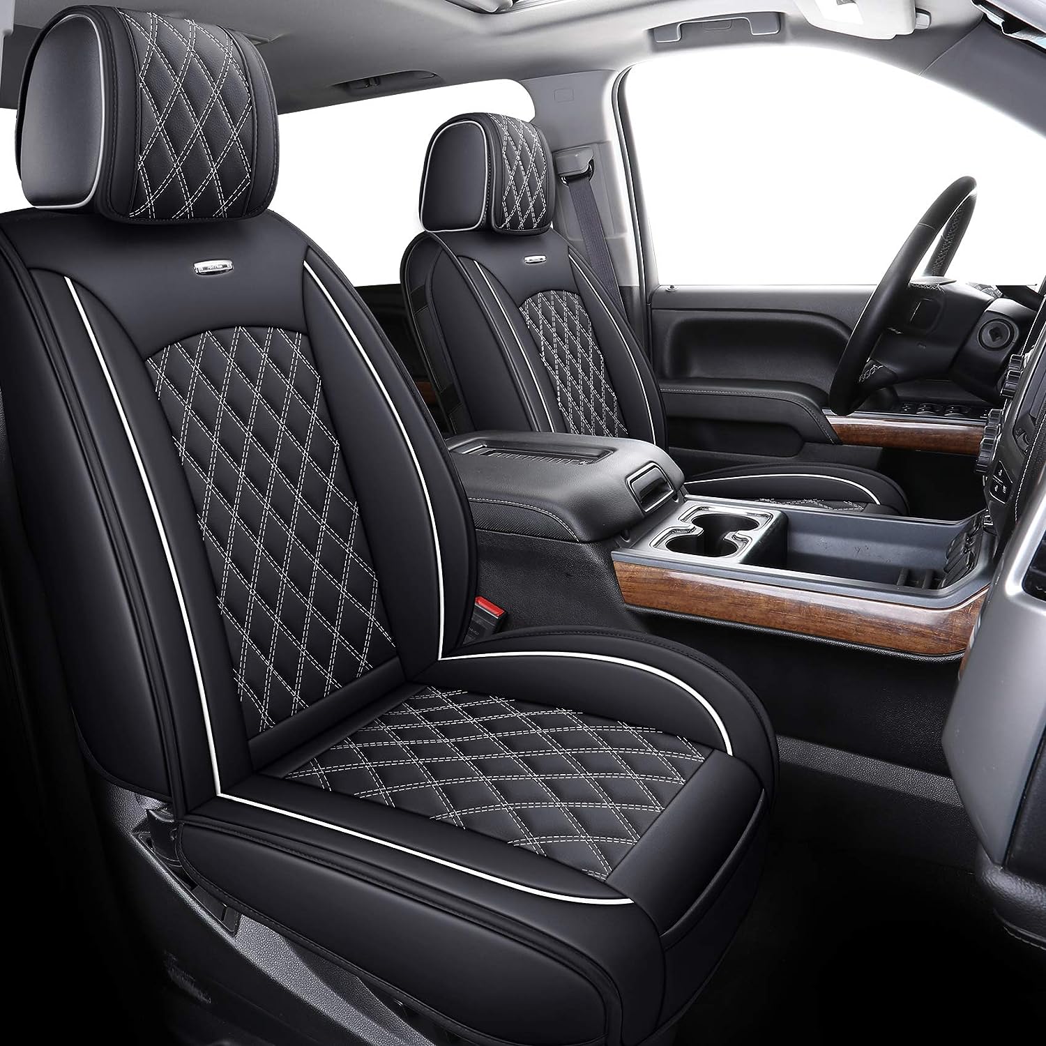 Aierxuan Seat Covers for Cars Pickup 2007-2024 GMC Sierra Chevy Chevrolet Silverado 1500 2500HD 3500HD Trail Boss Z71 Crew Double Extended Cab Waterproof Leather (Full Set, Black-White)