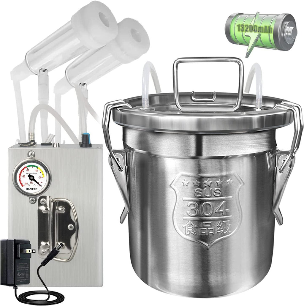 Hantop 6L Goat MilMachine, Rechargeable Pulsation Speed Adjustable Vacuum Pump with Pressure Gauge, 304  Steel Bucket Goat Milker Machine (Pro Plus)