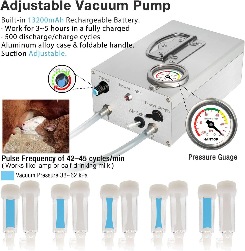 Hantop 6L Goat MilMachine, Rechargeable Pulsation Speed Adjustable Vacuum Pump with Pressure Gauge, 304  Steel Bucket Goat Milker Machine (Pro Plus)