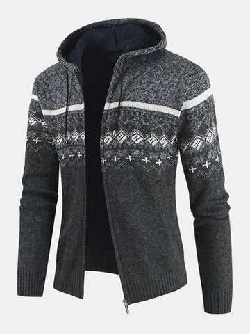 mens ethnic style knitted woolen zipper drawstring hooded sweater cardigan