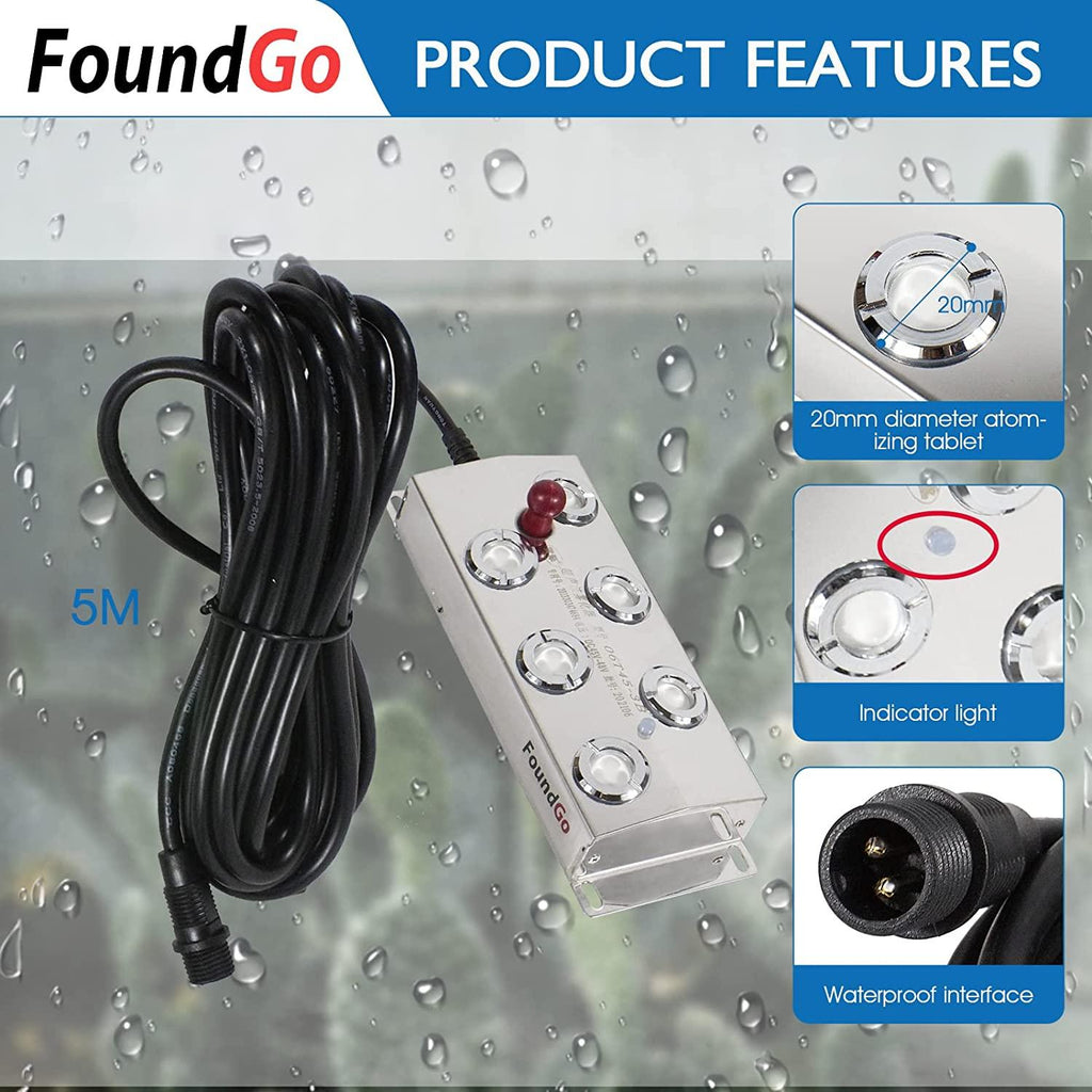 FoundGo Ultrasonic Fog Maker Fogger Machine Air Humidifier Mist Maker for Water Fountain Pond with Buoy/250W Power Adapter/6 Replacement Discs (6 Heads)