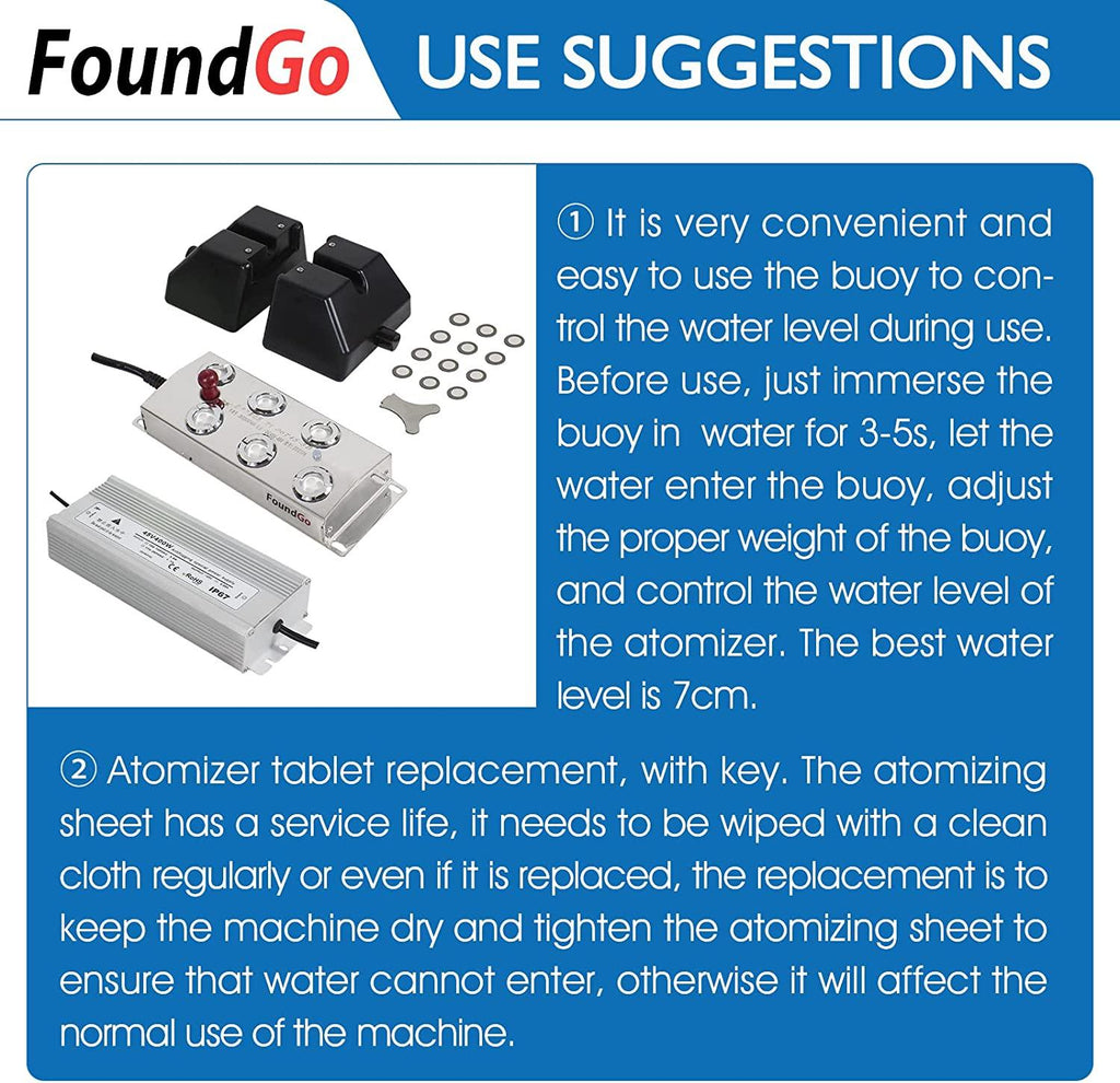 FoundGo Ultrasonic Fog Maker Fogger Machine Air Humidifier Mist Maker for Water Fountain Pond with Buoy/250W Power Adapter/6 Replacement Discs (6 Heads)