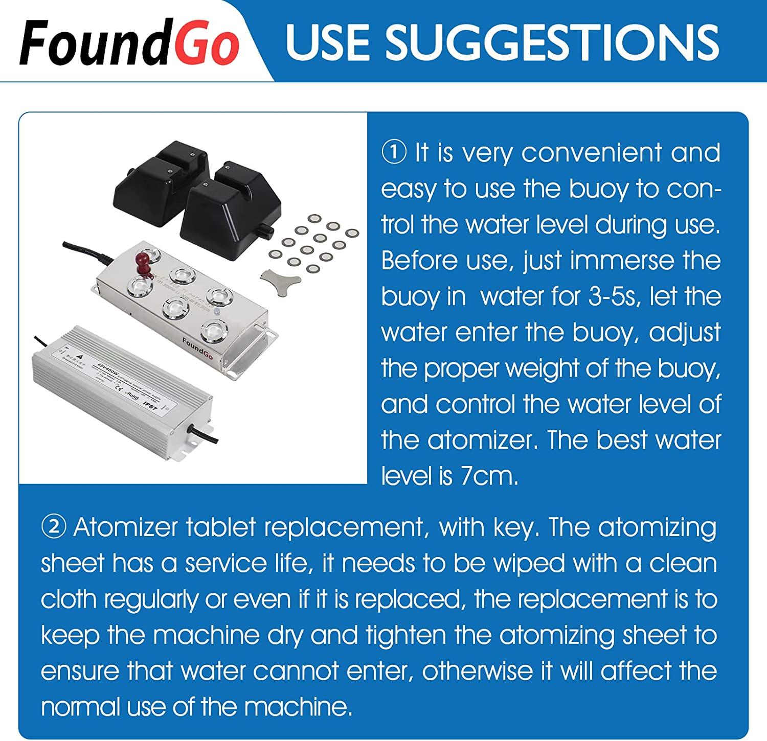 FoundGo Ultrasonic Fog Maker Fogger Machine Air Humidifier Mist Maker for Water Fountain Pond with Buoy/250W Power Adapter/6 Replacement Discs (6 Heads)