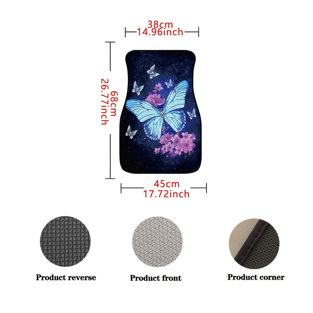 1Pc Car Seat Floor Mat, Blue Butterfly Print Car Front Rear Seat Floor Pads Auto Car Carpet Black Floor Mats Footpads For Car Decor Accessories