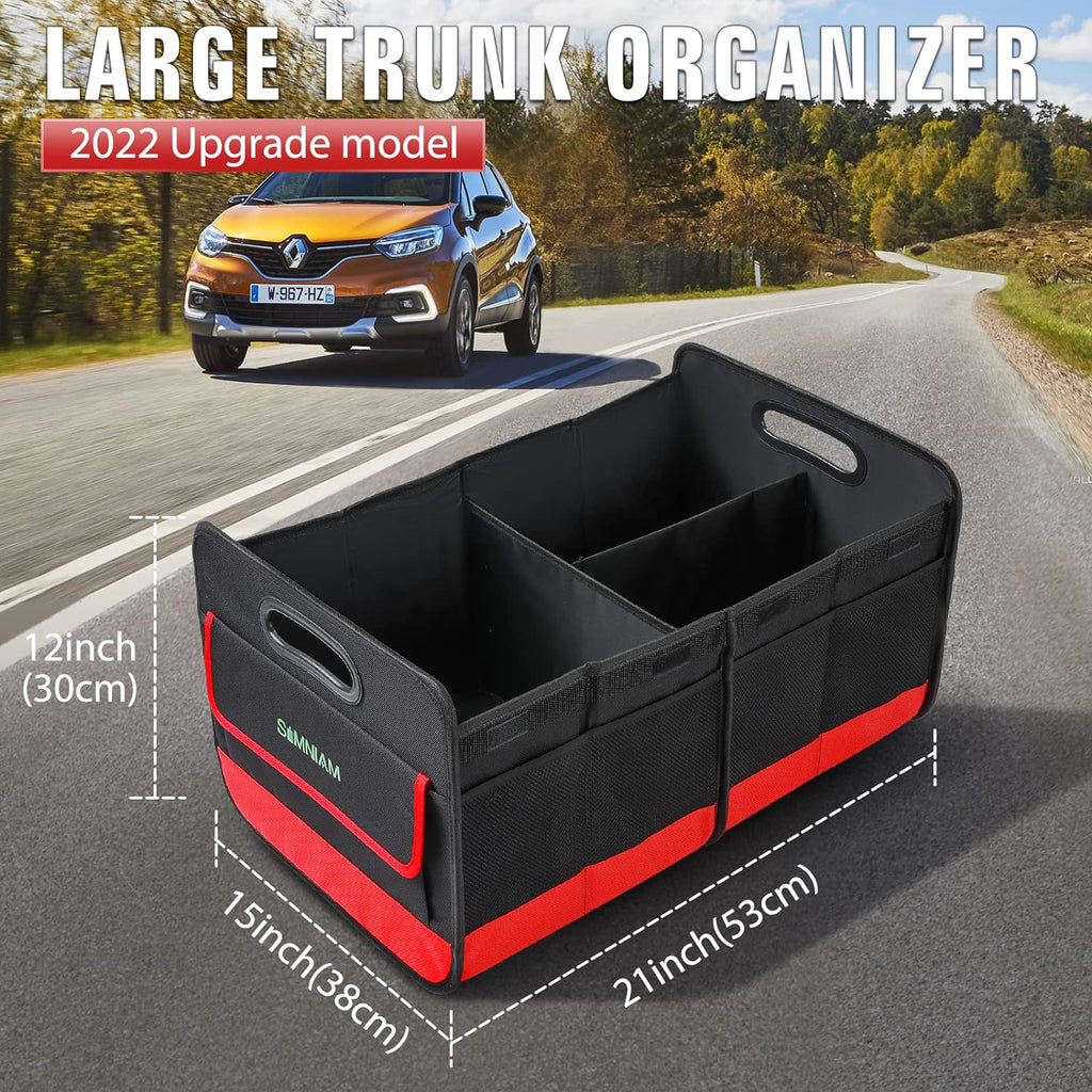 Simniam Collapsible Car Trunk Organize with 3 Removable Dividers, Trunk Organizer Fits Most Car, SUVs, Truck, or Minivan (2 Compartments, Red)