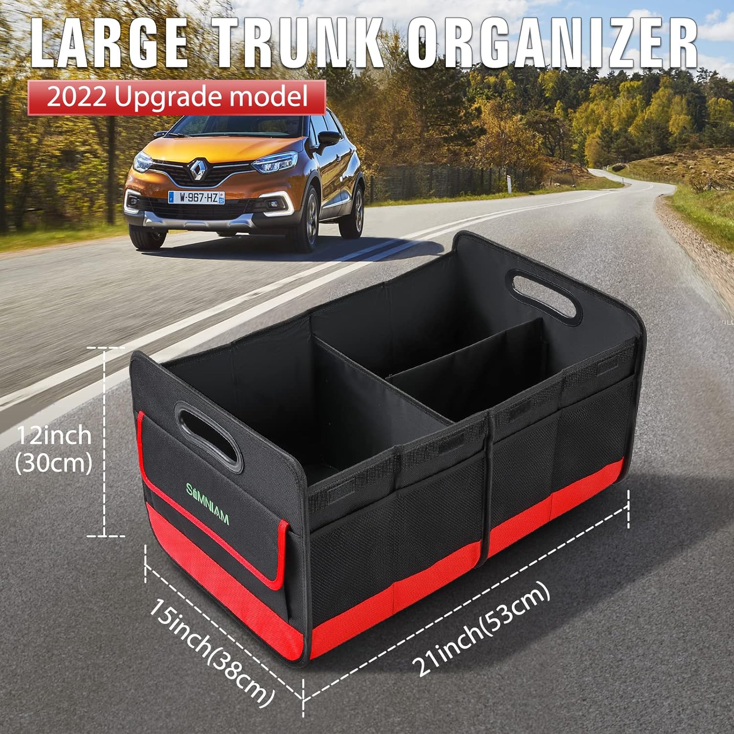 Simniam Collapsible Car Trunk Organize with 3 Removable Dividers, Trunk Organizer Fits Most Car, SUVs, Truck, or Minivan (2 Compartments, Red)