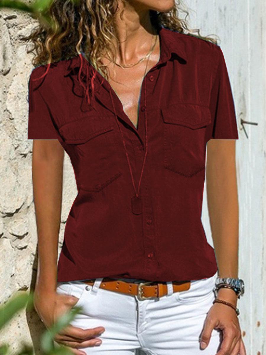 Turn Down Collar  Plain  Short Sleeve Blouse