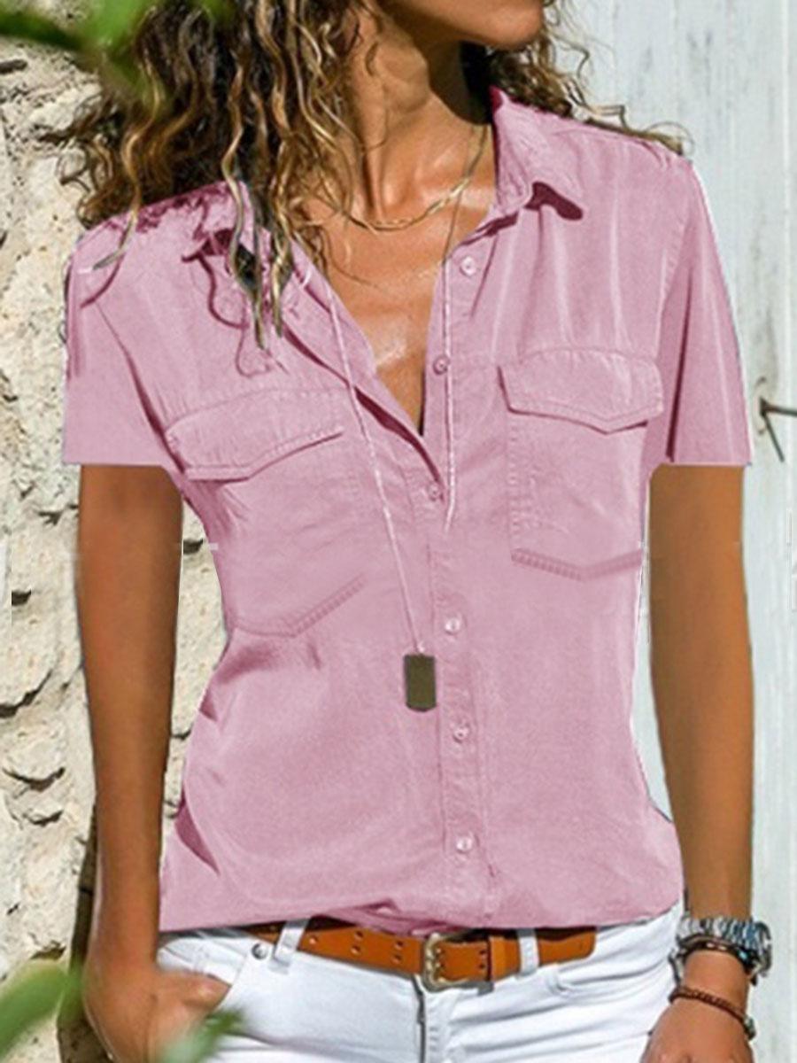 Turn Down Collar  Plain  Short Sleeve Blouse