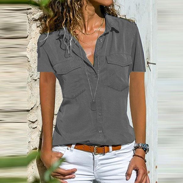 Turn Down Collar  Plain  Short Sleeve Blouse