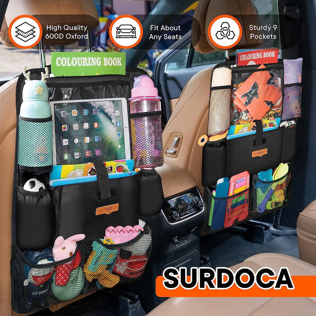 SURDOCA Car Organizers and Storage, Upgraded Car Seat Organizer with 11-inch Touch Screen Tablet Holder, Backseat Car Organizer with 9 Pockets, Car Seat Protector Road Trip Essentials for Kids, 1 Pack