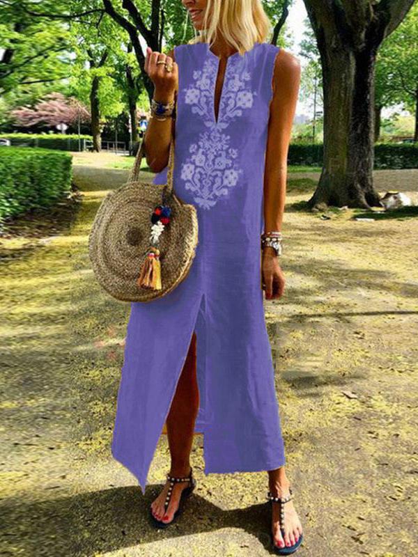 Cotton/Line Casual V-Neck Maxi Dress