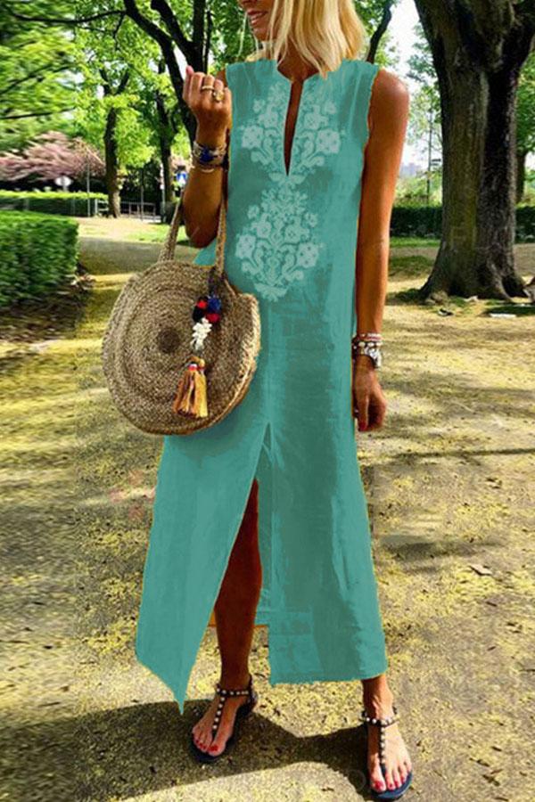 Cotton/Line Casual V-Neck Maxi Dress