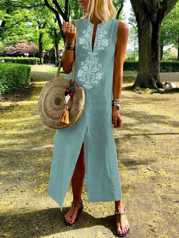Cotton/Line Casual V-Neck Maxi Dress