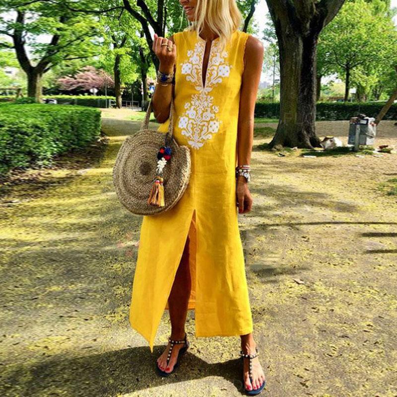 Cotton/Line Casual V-Neck Maxi Dress