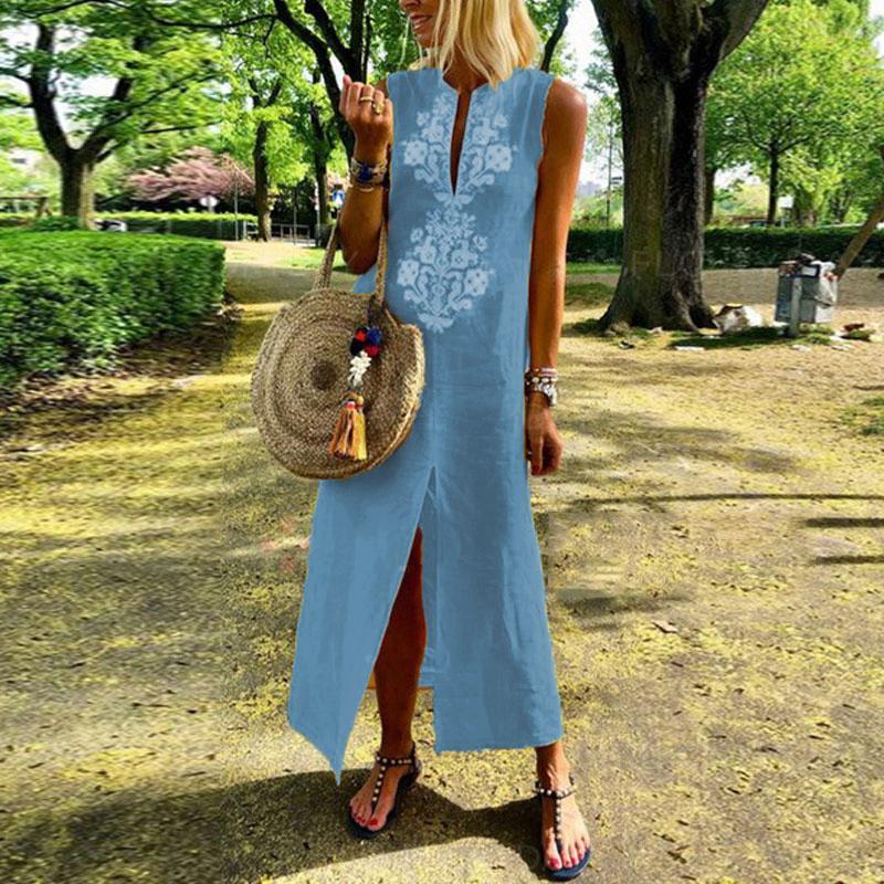 Cotton/Line Casual V-Neck Maxi Dress