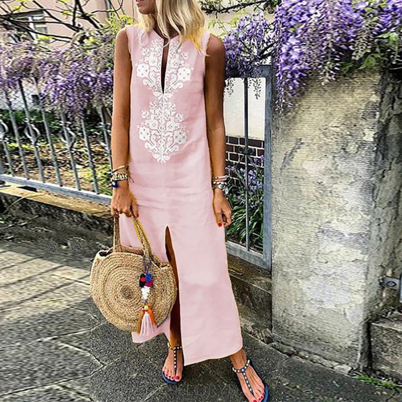 Cotton/Line Casual V-Neck Maxi Dress