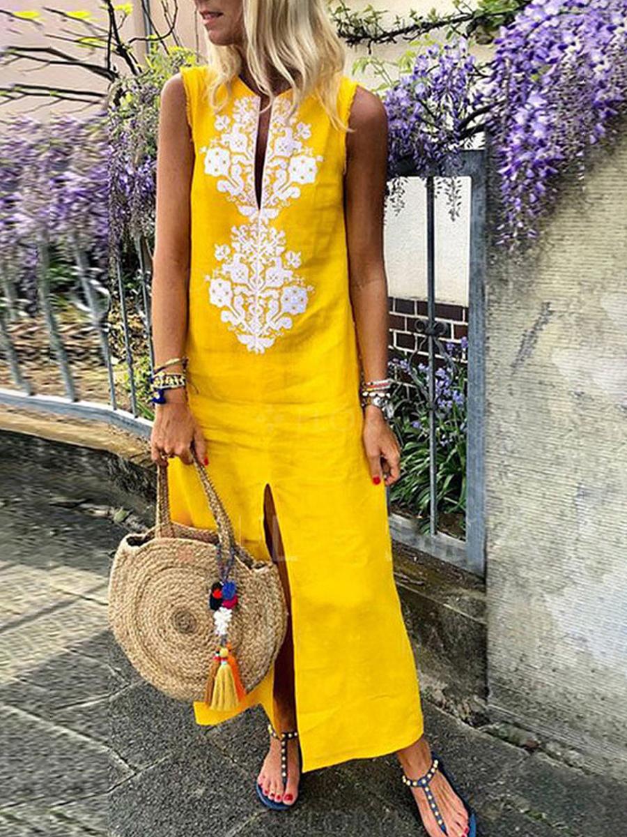 Cotton/Line Casual V-Neck Maxi Dress