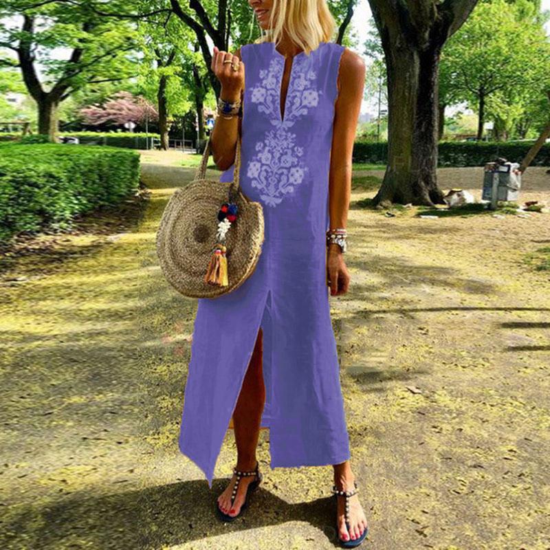 Cotton/Line Casual V-Neck Maxi Dress