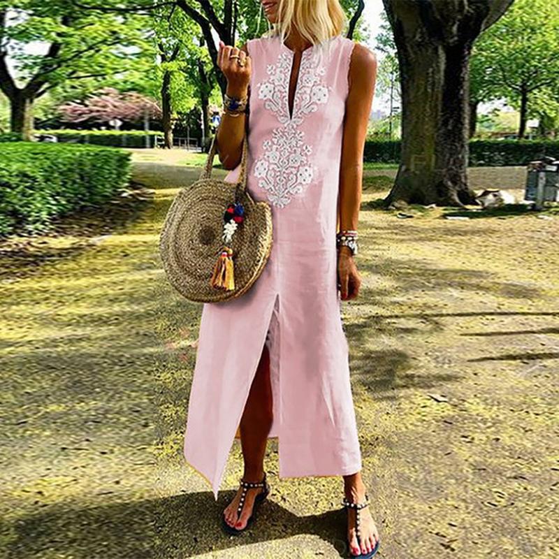 Cotton/Line Casual V-Neck Maxi Dress