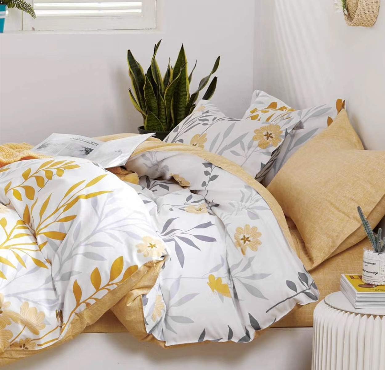 SLEEPBELLA Duvet Cover Queen Size, 600 Thread Count Cotton Grey Branches and Yellow Flower Reversible Comforter Cover(Queen, White Leaf)