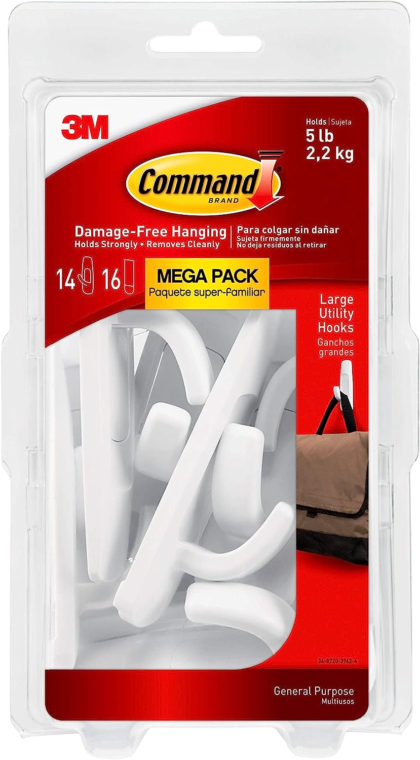Command Large Utility Hooks, Damage Free Hanging Wall Hooks with Adhesive Strips, No Tools Wall Hooks for Hanging Decorations in Living Spaces, 14 White Hooks and 16 Command Strips