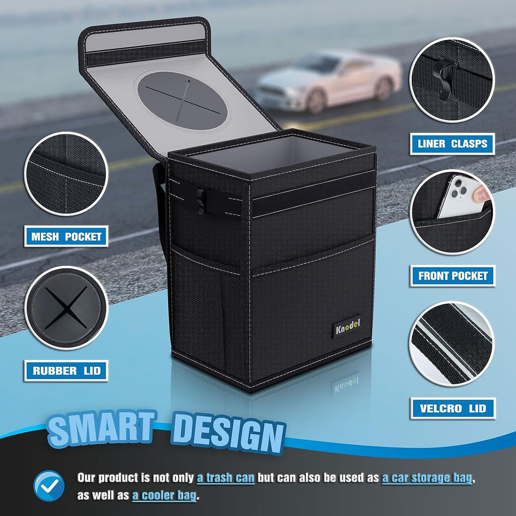 K KNODEL Car Trash Can, Waterproof Garbage Can/Bag with Lid, 600D Leak-Proof Trash Bin, Car Trash Hanging (Medium, Black)