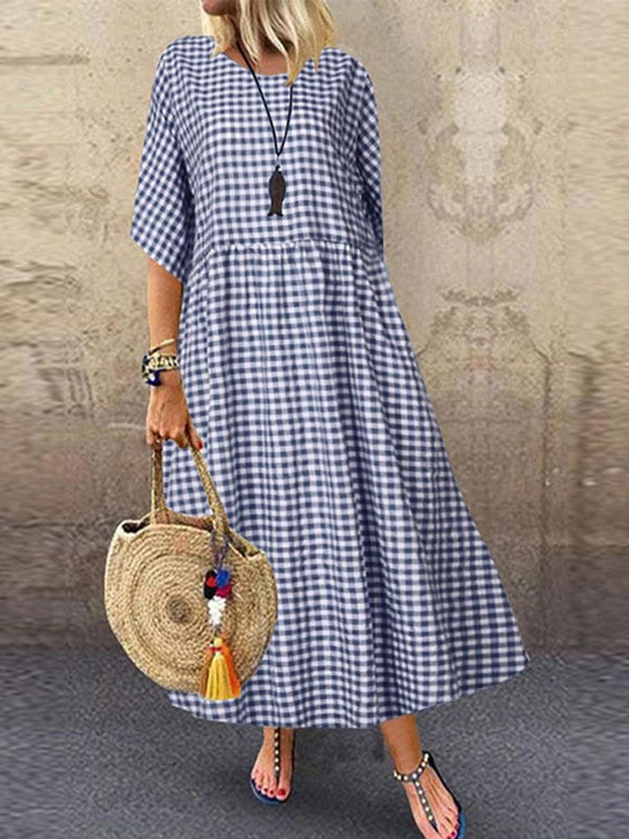 Plaid Casual Short-sleeved Round Neck Maxi Dress