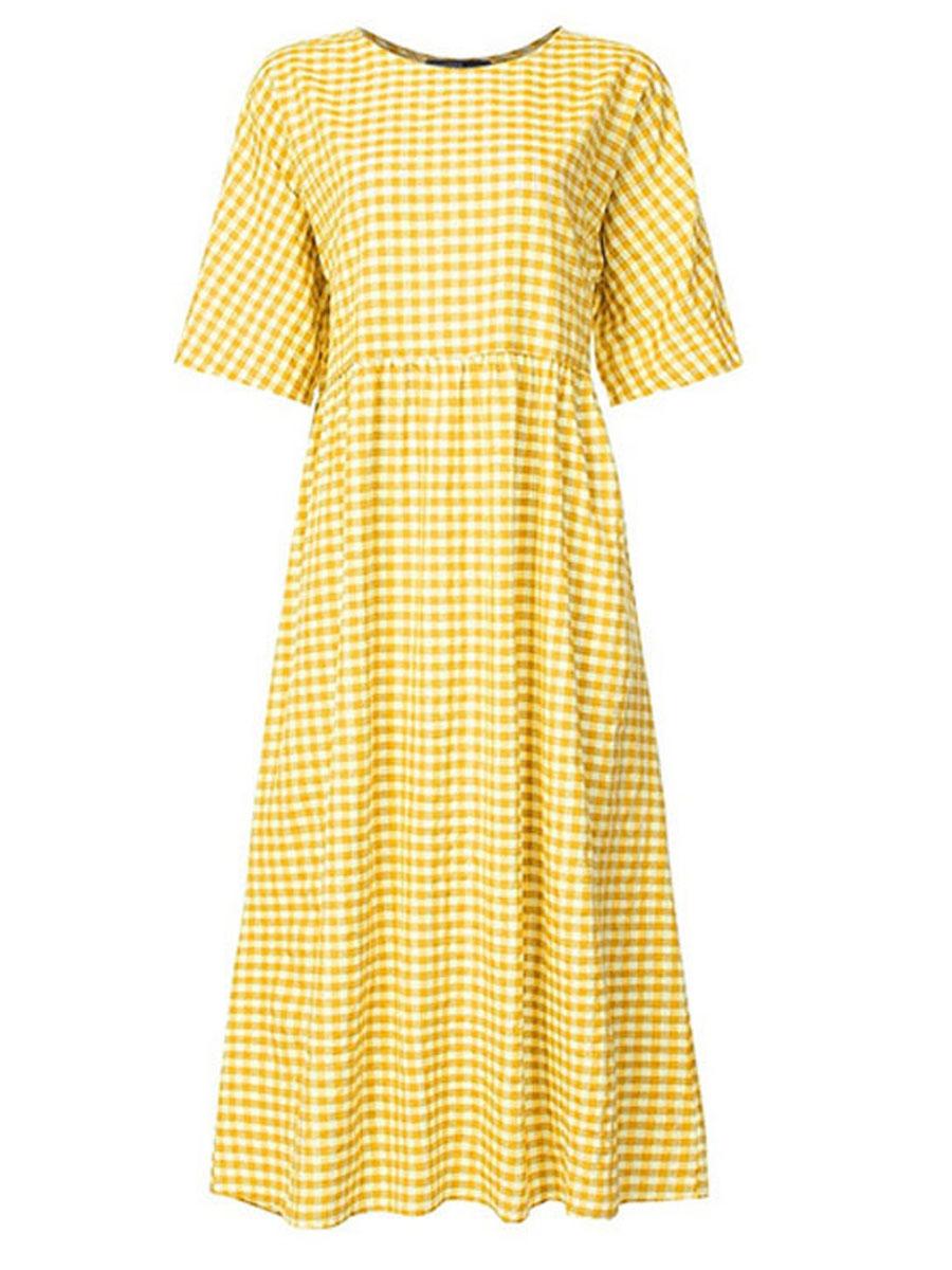 Plaid Casual Short-sleeved Round Neck Maxi Dress