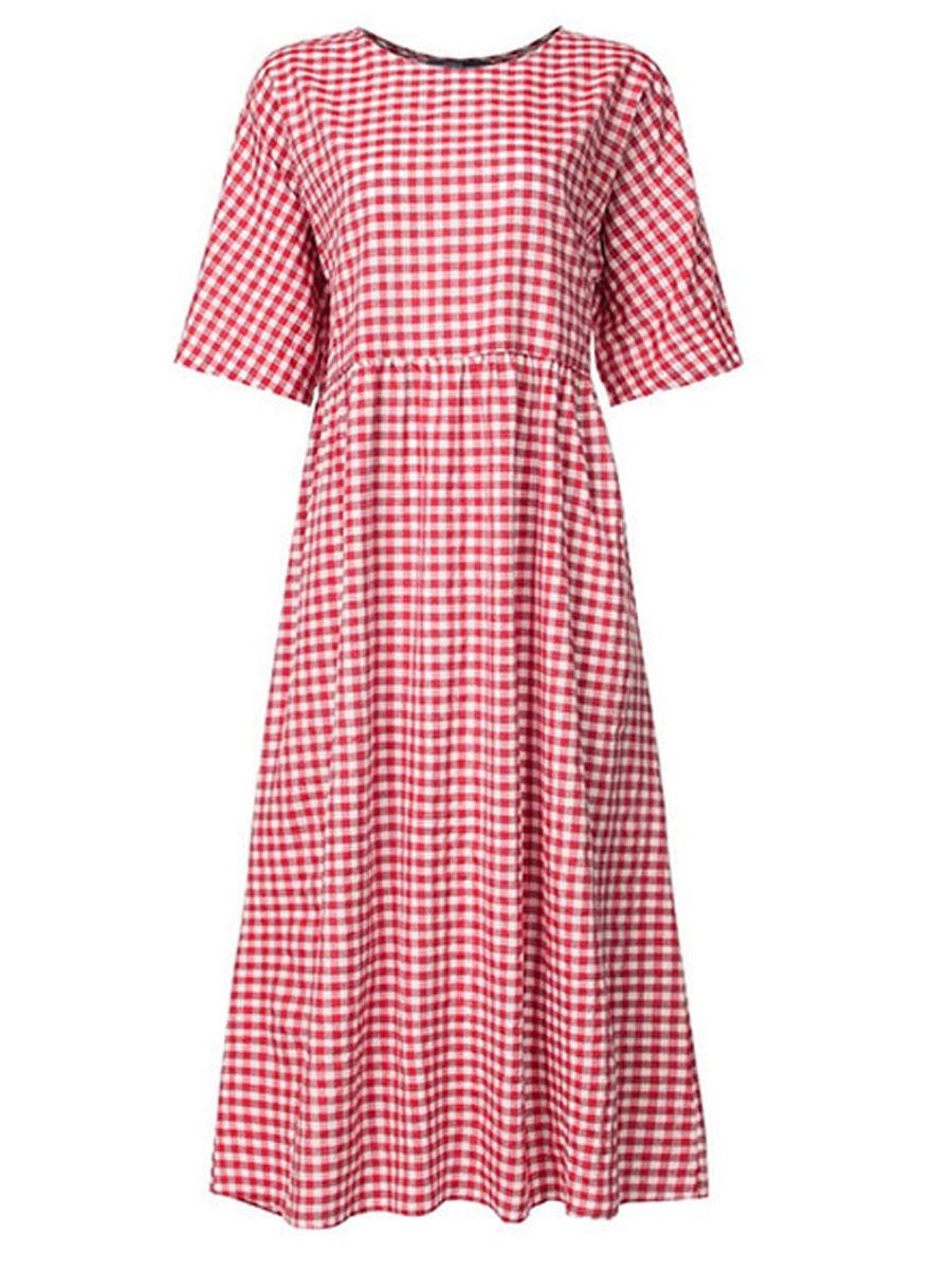 Plaid Casual Short-sleeved Round Neck Maxi Dress