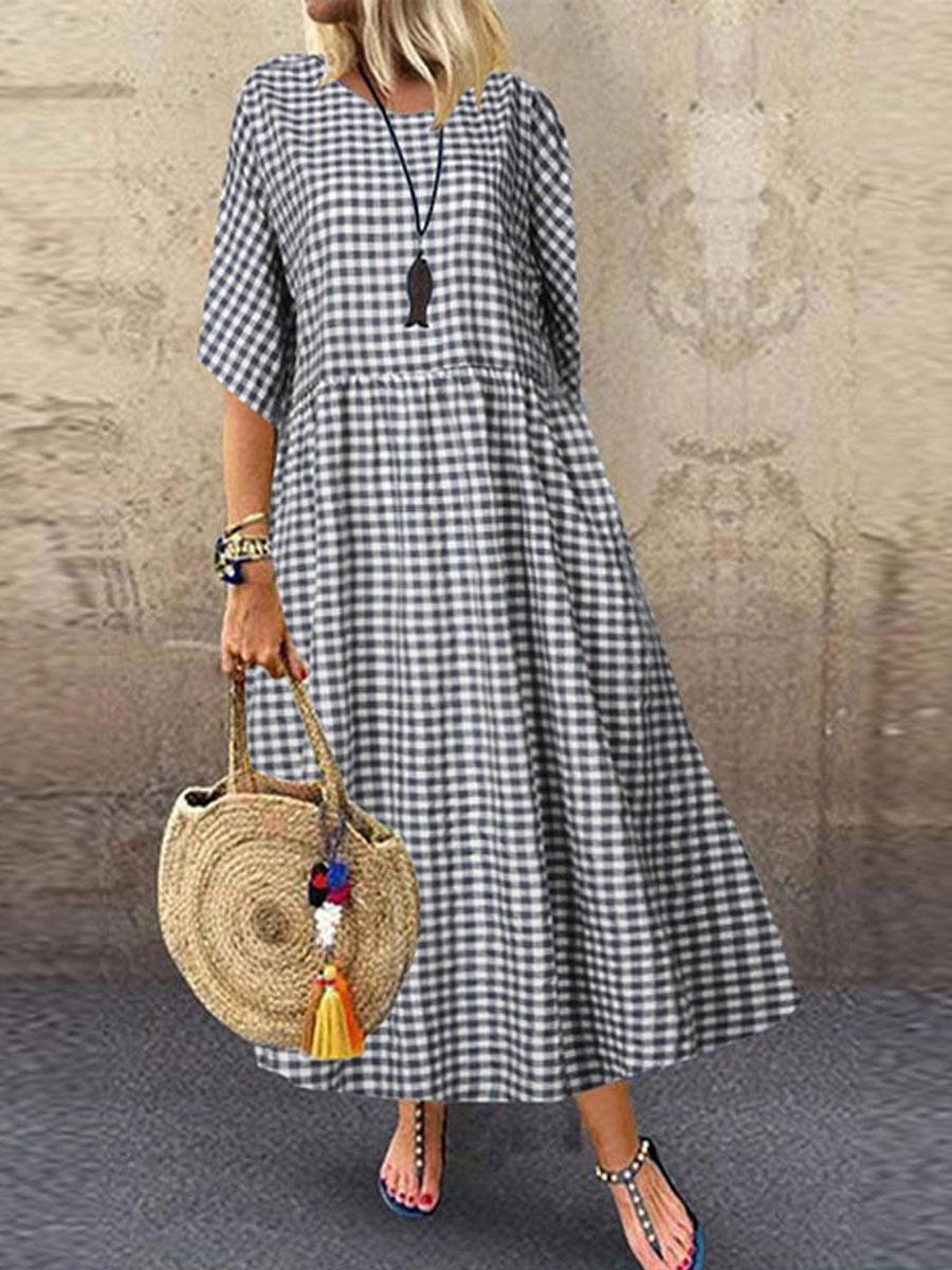Plaid Casual Short-sleeved Round Neck Maxi Dress