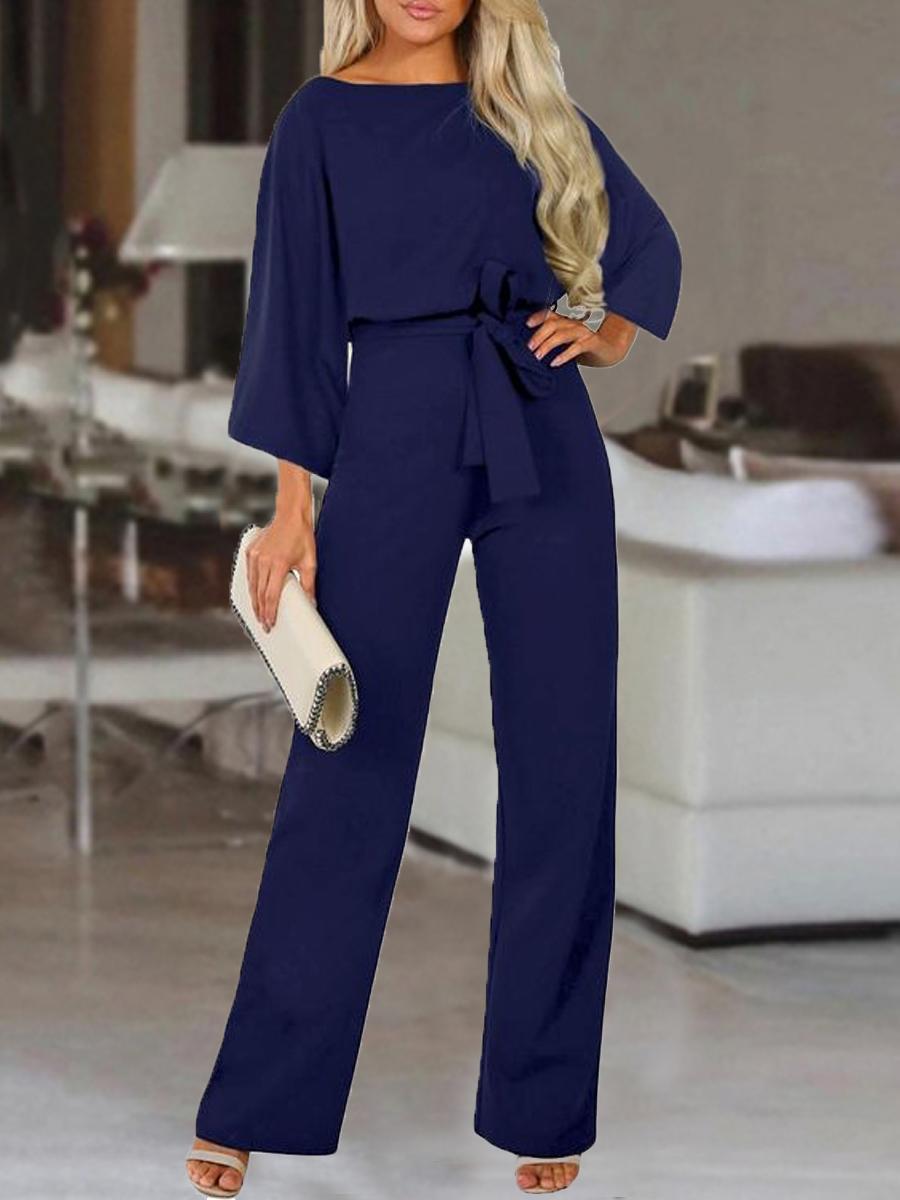 Solid Color Round Neck Long Sleeve Belted Jumpsuit