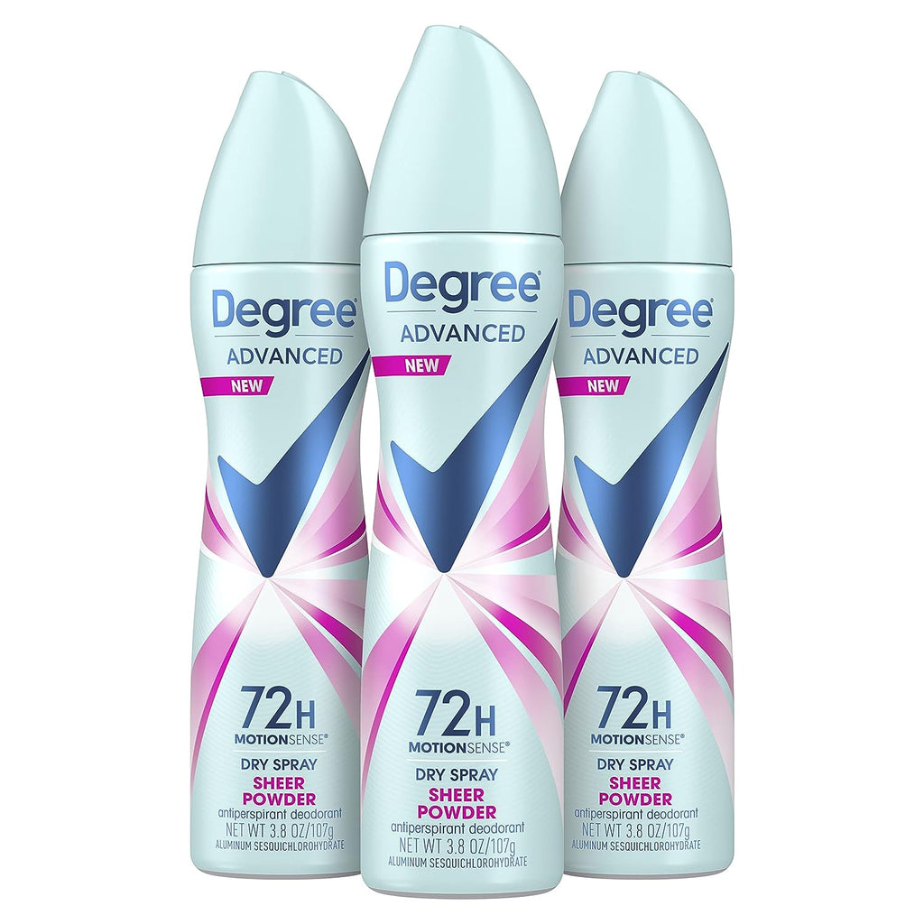 Degree Advanced Antiperspirant Deodorant Dry Spray 72-Hour Sweat and Odor Protection Sheer Powder Deodorant Spray For Women With MotionSense Technology 3.8 oz, Pack of 3