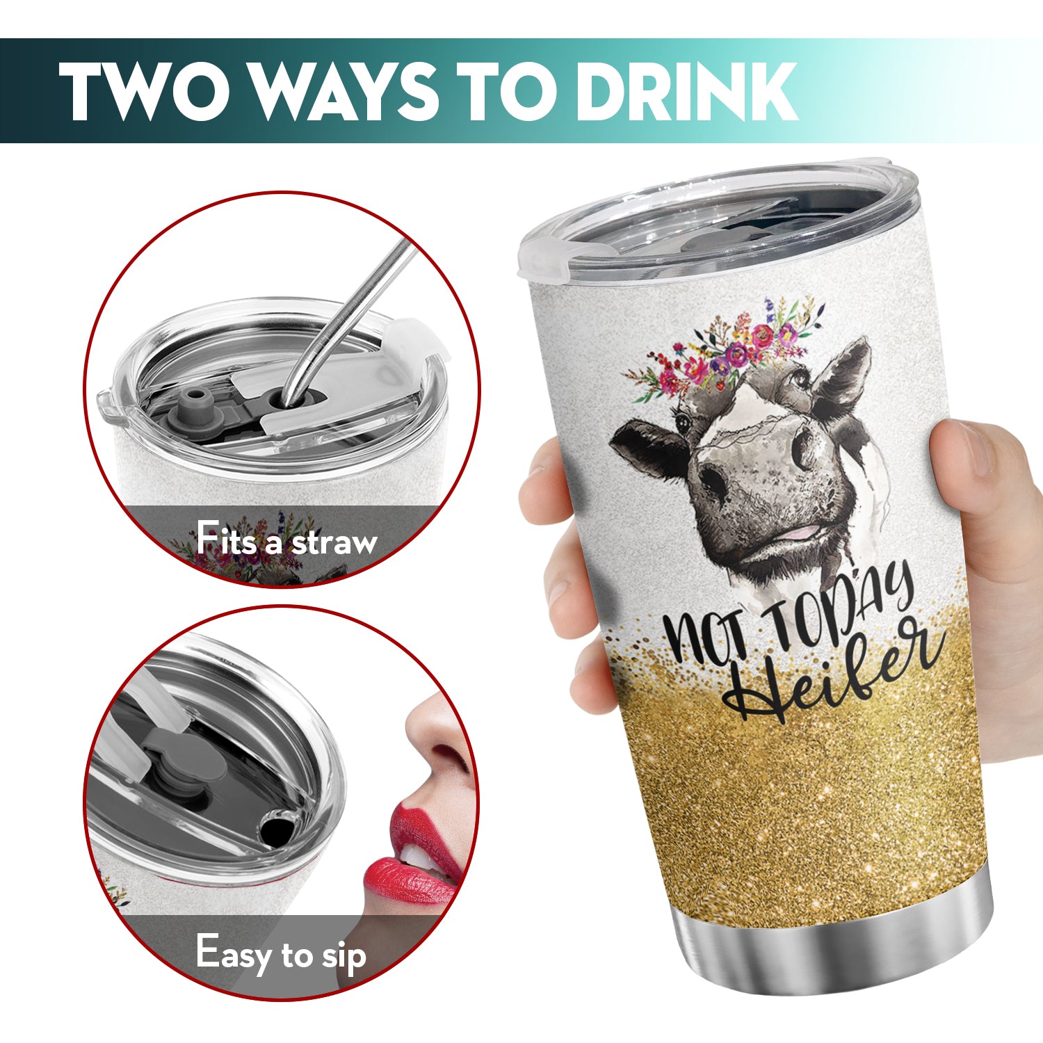 1pc 20oz Glitter Cow  Steel Tumbler With Lid, Not Today Heifer, Not My Pasture Not My Bull, Cow Print Mug, Birthday Gifts For Cow Lovers