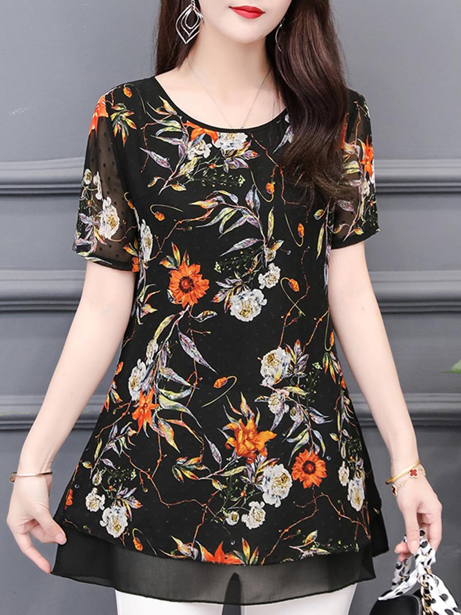 Round Neck Chiffon Printed Blouse