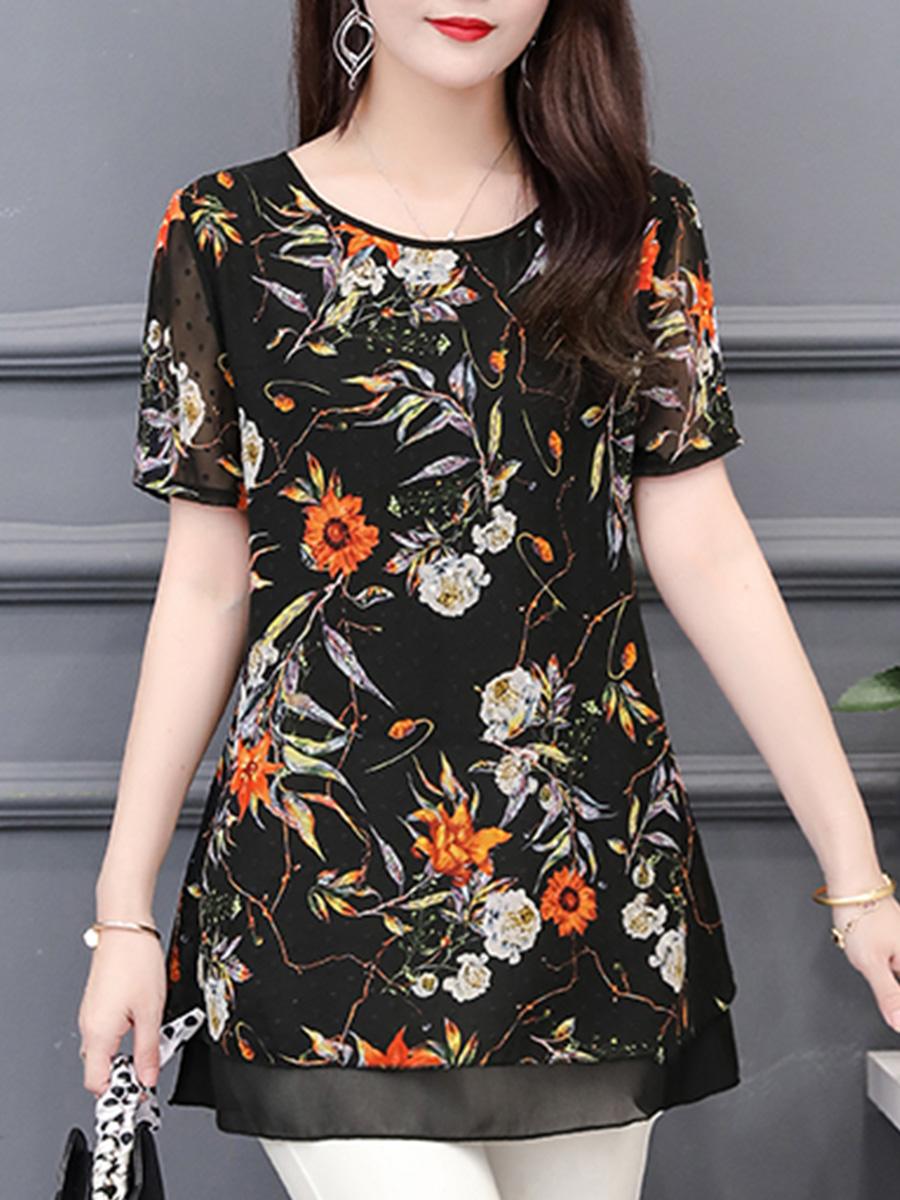 Round Neck Chiffon Printed Blouse