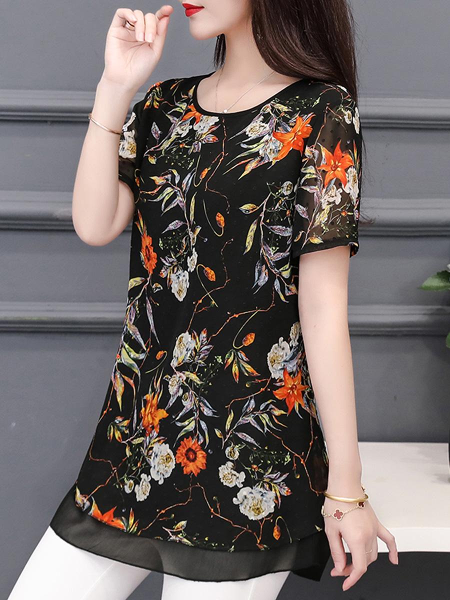 Round Neck Chiffon Printed Blouse