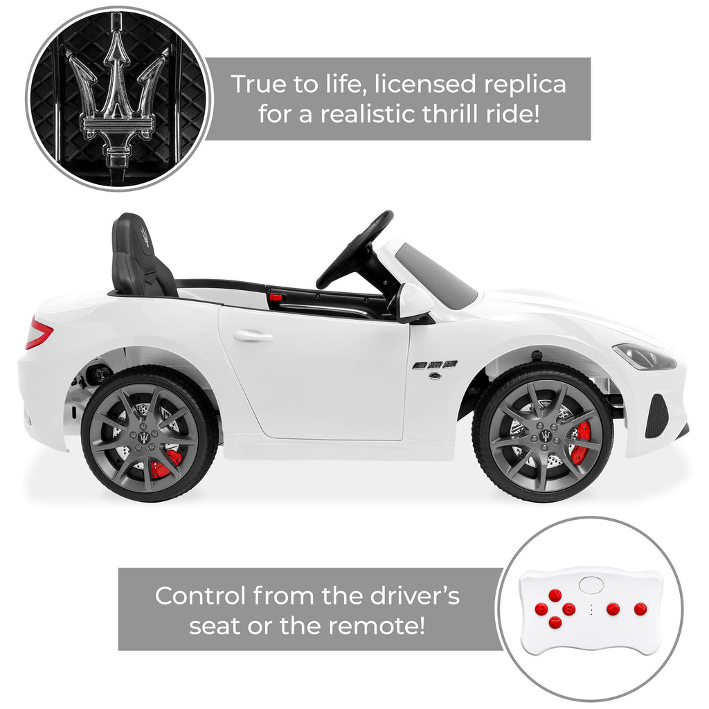 Kids 12V Licensed Maserati GranCabrio Ride On Sports Car w/ Remote Control, AUX, LED Lights - White