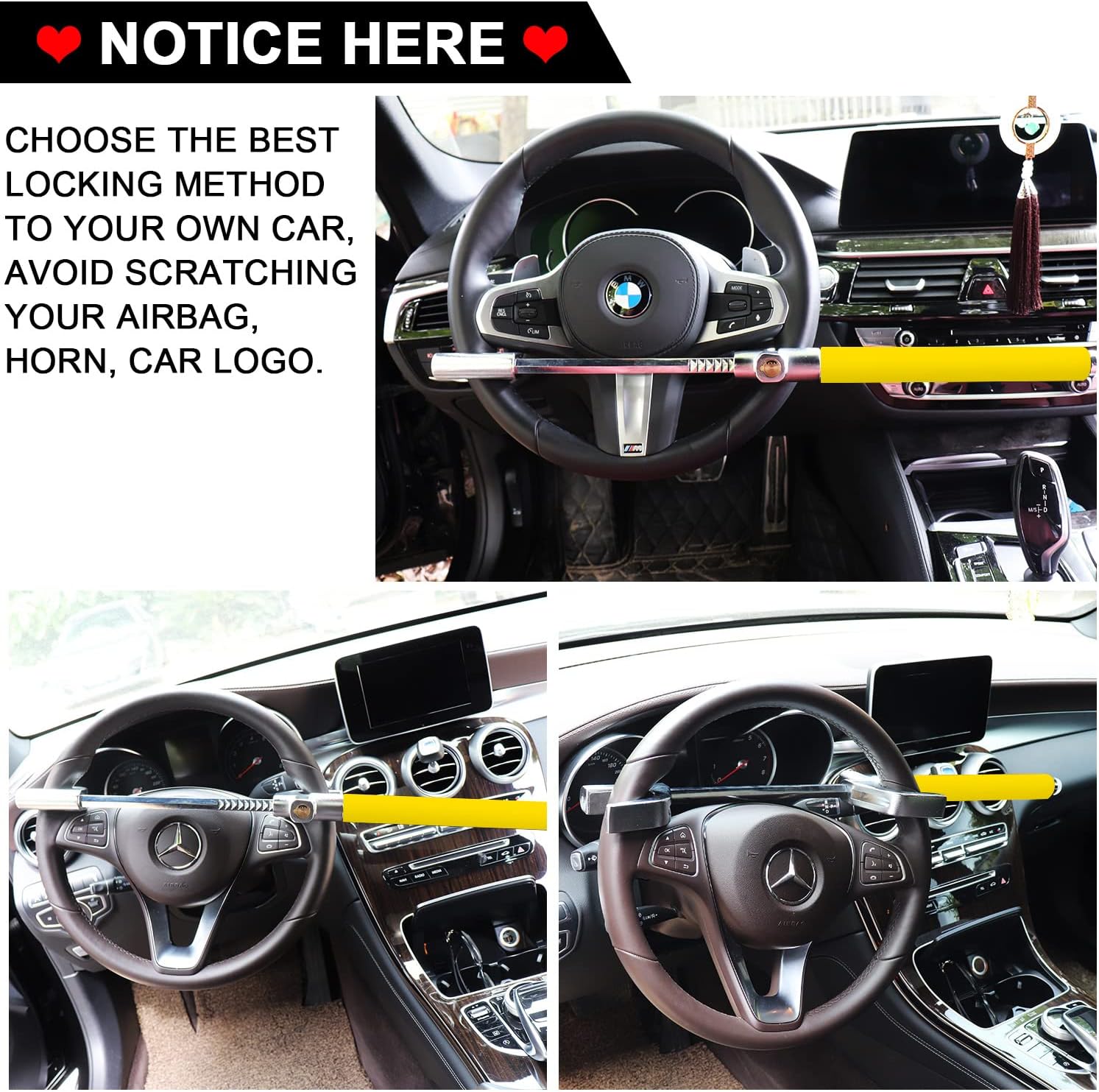 Tevlaphee Steering Wheel Lock Anti Theft Car Device Universal Car Theft Prevention Car Lock Adjustable Double Hook Emergency Hammer Window Breaker Self Defense Heavy Duty Secure (Yellow)